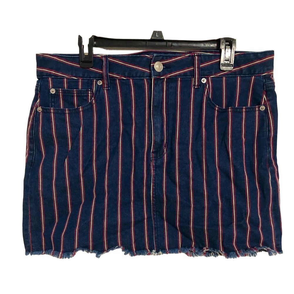 American Eagle Blue/Red Striped Super Stretch Hi Rise Mini Denim Skirt size 14